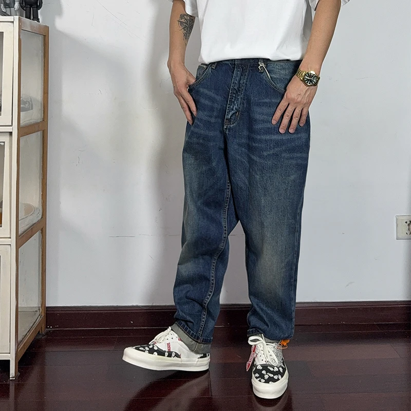 日系复古六叔同款水洗做旧微锥13盎司小直筒赤耳包边牛仔长裤男