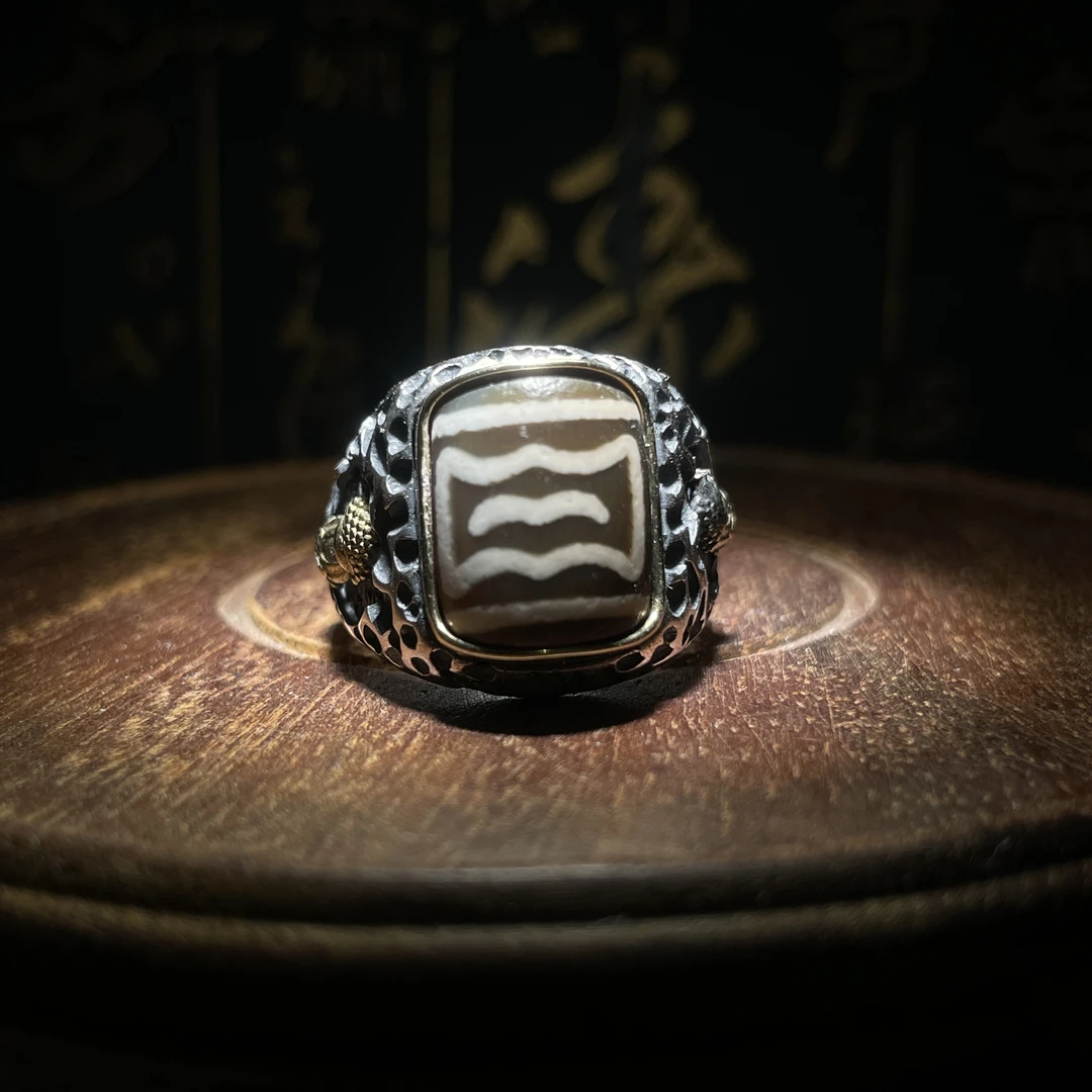 藏传大鹏鸟财神珠珠玛瑙戒指复古镶嵌925银活口藏传民族风男戒