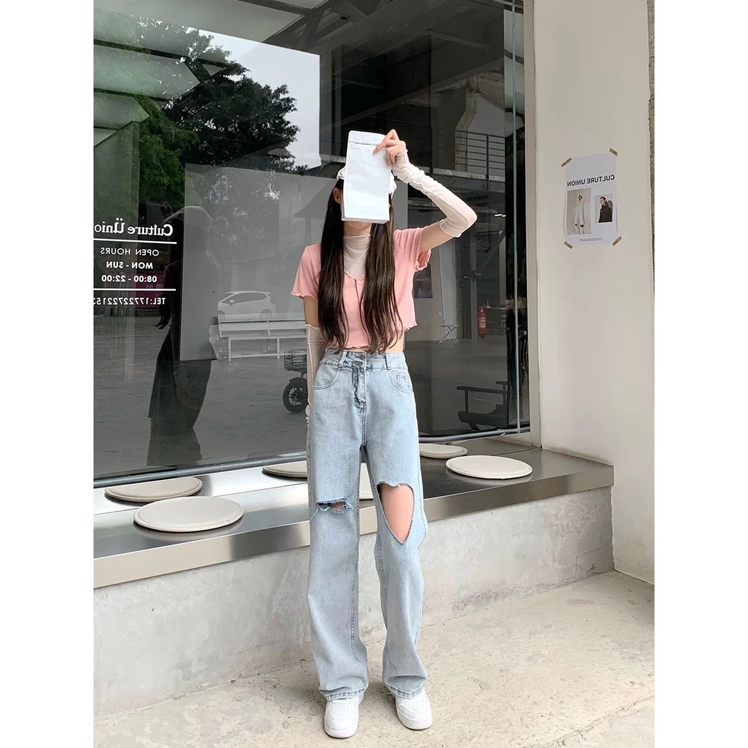秋姐姐家-破洞牛仔裤阔腿裤女高腰显瘦爱心直筒裤Chuan-7662