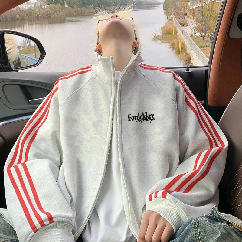 美式ins风字母印花立领三条杠开衫拉链卫衣男女秋冬休闲情侣外套