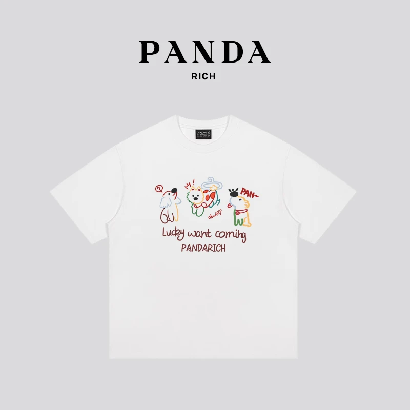 PANDARICH萌宠印花情侣T恤高级感休闲短袖男T恤纯棉黑色卡通ins