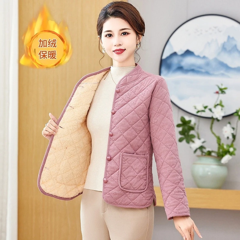 雅鹿中年妈妈秋冬季加绒纯色棉衣外套薄款立领棉服40岁50中老年女