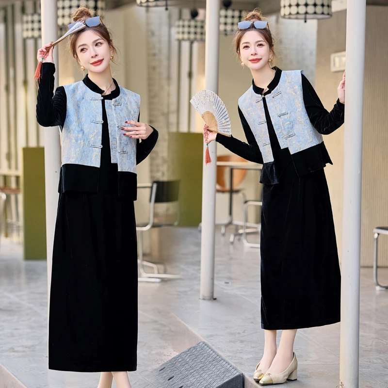 新中式国风套装裙女秋冬季高级感盘扣气质马甲金丝绒连衣裙两件套