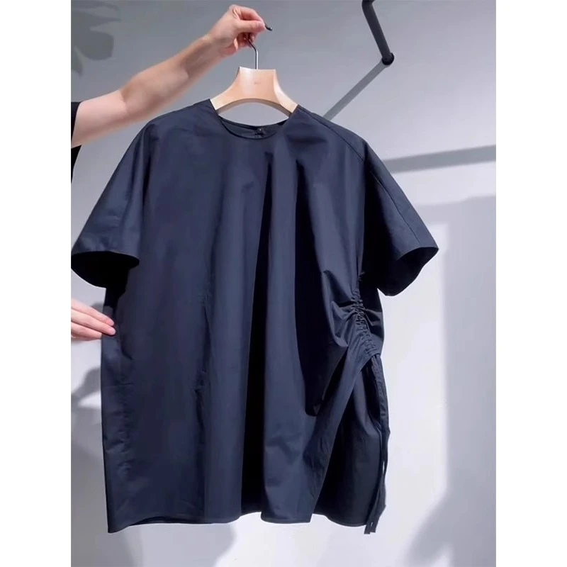 爱到骨子里~黑色褶皱抽绳短袖T恤女慵懒风设计感宽松洋气上衣