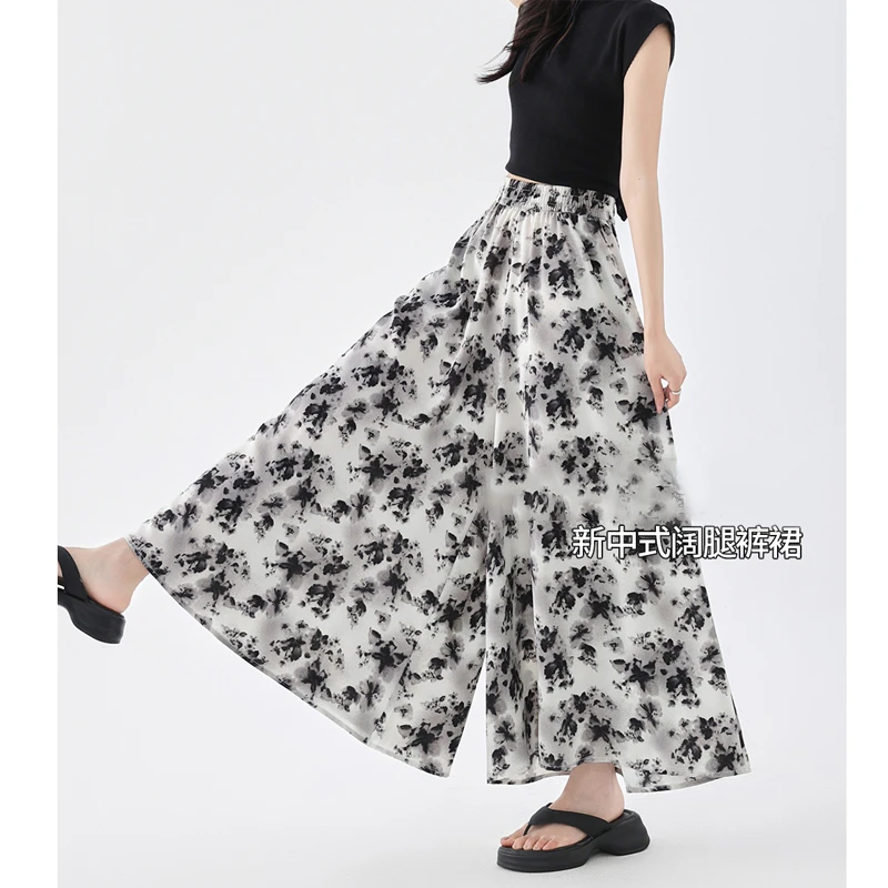 2025夏季新款新中式冰丝印花阔腿裤亚麻亚麻裤女款爆款2025新款