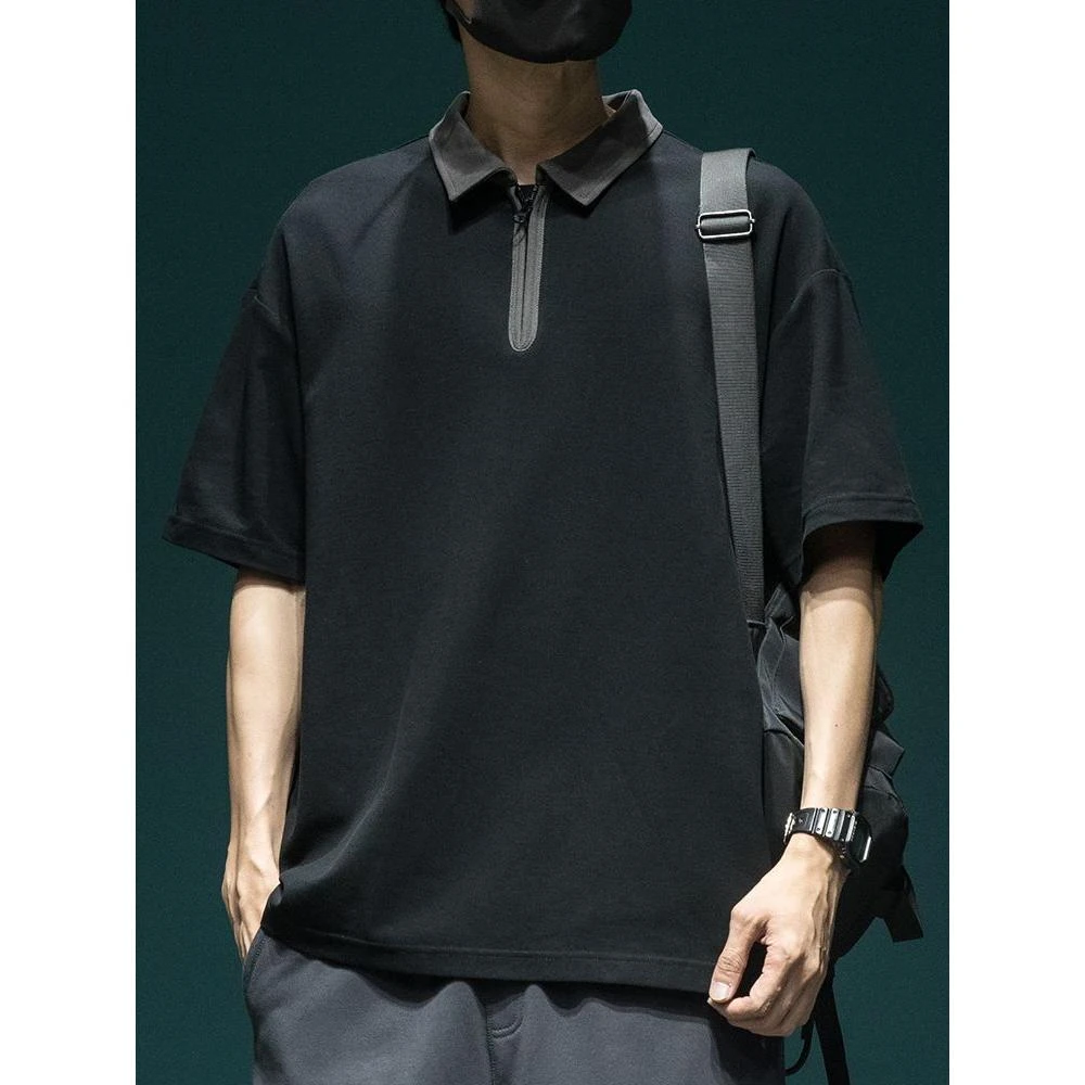 日系复古polo衫男夏季重磅宽松拉链翻领运动男士短袖t恤潮牌半袖1