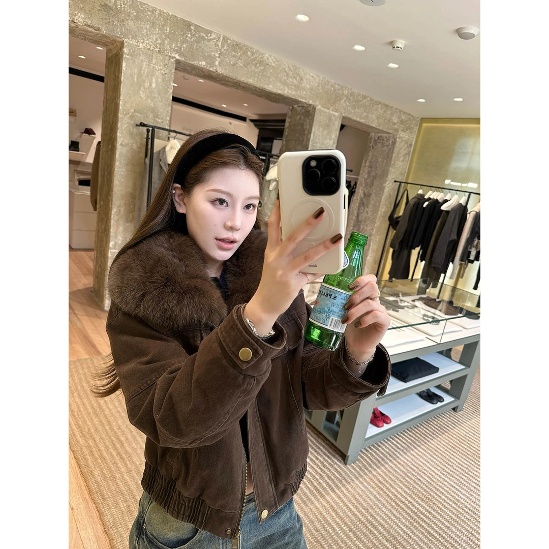 巴恩风咖色毛领拼接派克棉服外套女秋冬季保暖宽松复古短夹克上衣