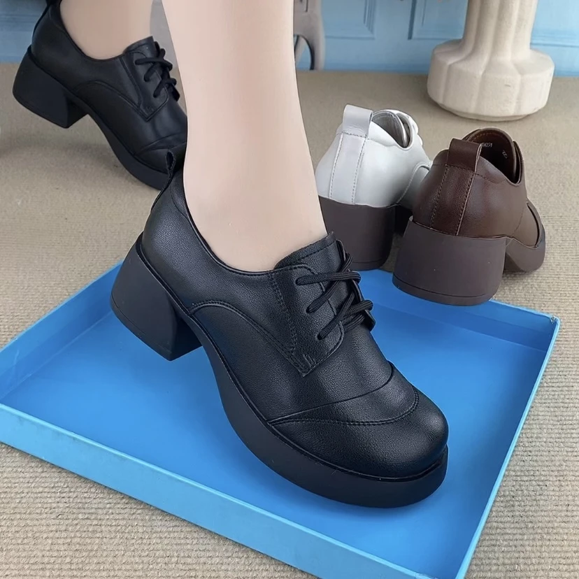 D8051春季新款纯牛皮英伦风粗跟圆头单鞋时尚百搭软底乐福小皮鞋