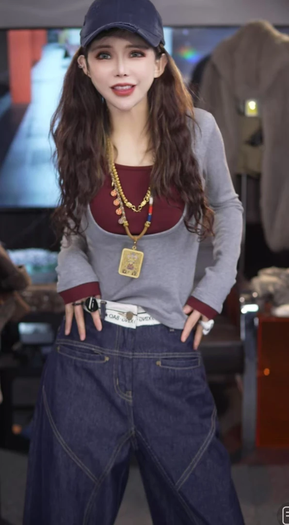 2025欧货U领假两件拼接长袖T恤女新款修身显瘦打底衫上衣