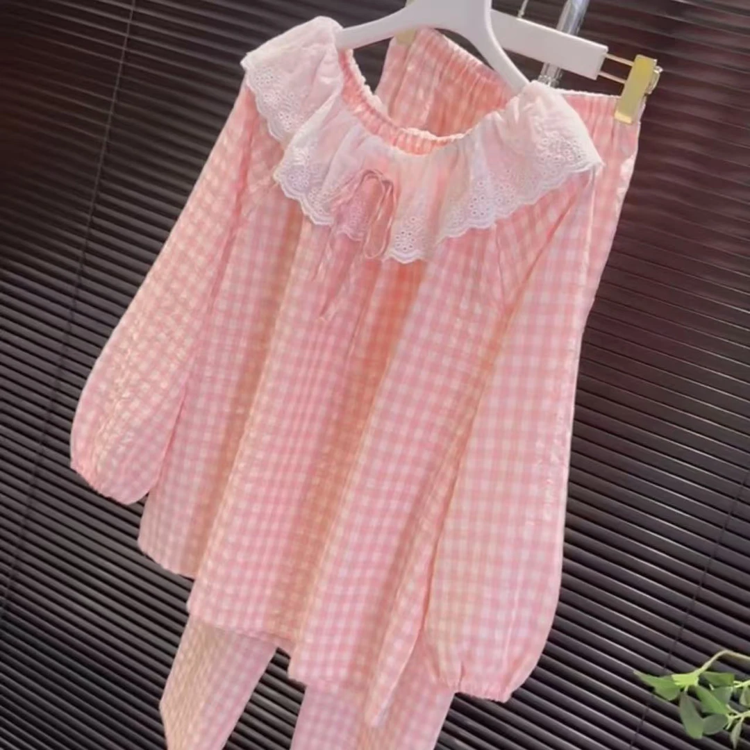 韩版甜美格子家居服女春秋款长袖公主风睡衣套装
