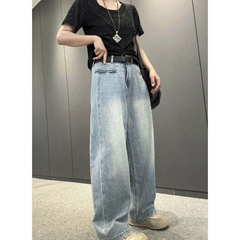 7512太谷休闲百搭直筒气质简约薄料宽松口袋软料牛仔裤女士