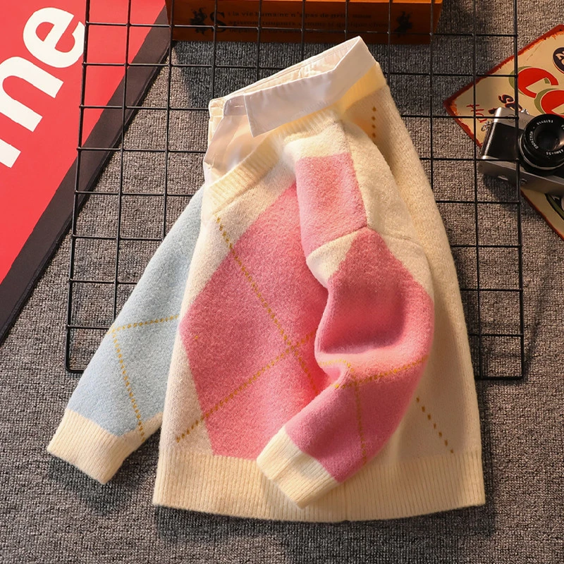 女童毛衣春秋新款洋气粉色女孩儿童学生针织线衫中大童假两件加厚