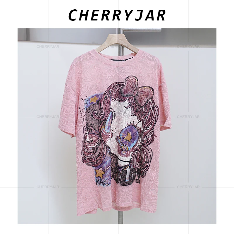Cherryjar【25805】宽松棉质卡通印花提花时尚可爱透气短袖 T 恤