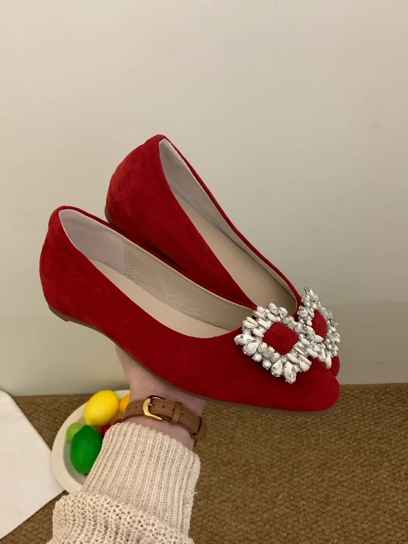 Chouduoduo｜早秋新品纯色平跟水钻内增高法式单鞋