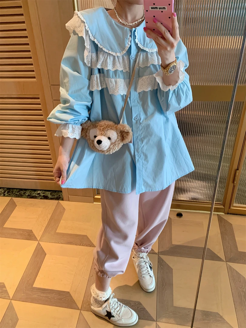 JENNIFER JXLIU韩版秋季～baby blue蓝色蕾丝娃娃领宽松衬衫上衣女