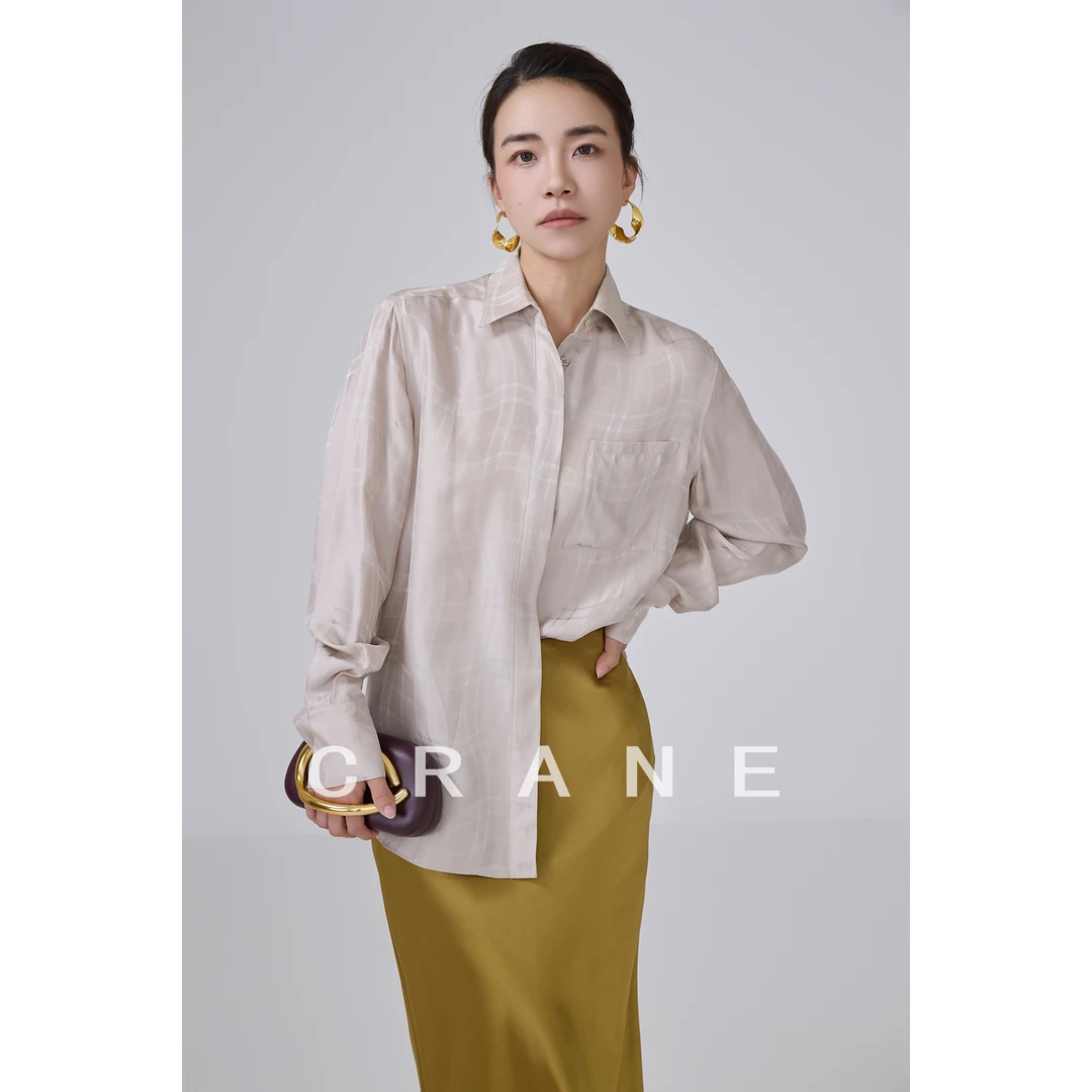 【CRANE】25夏款轻盈光泽桑波缎真丝长袖衬衫女宽松版百搭简约风