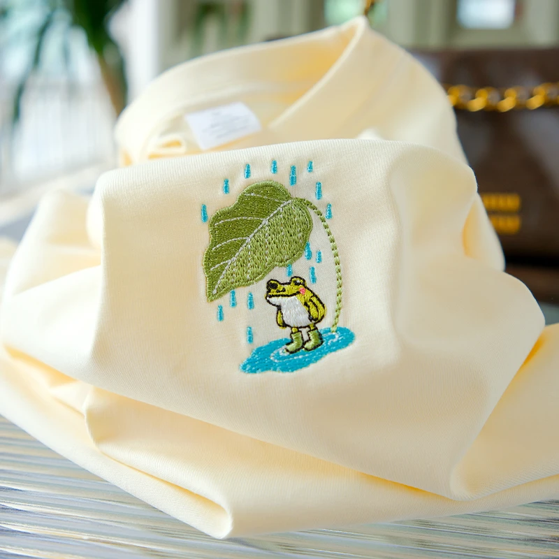 刺绣雨中蛙短袖t恤女100%纯棉半袖上衣情侣2025夏季新款男士体恤