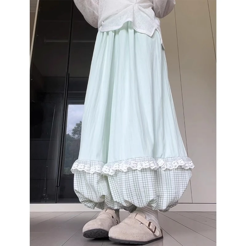 绿色花苞裙裤女夏季蕾丝花边灯笼裤学院风高腰显瘦垂感格子阔腿裤