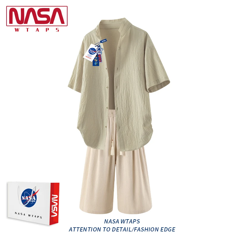 NASA WTAPS夏季棉麻透气套装男款薄款翻领短袖衬衫慵懒感休闲上衣