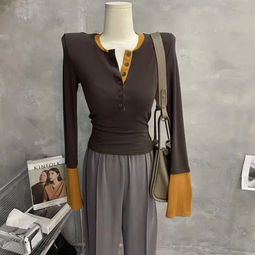 美式老钱风撞色长袖修身打底衫显瘦内搭上衣