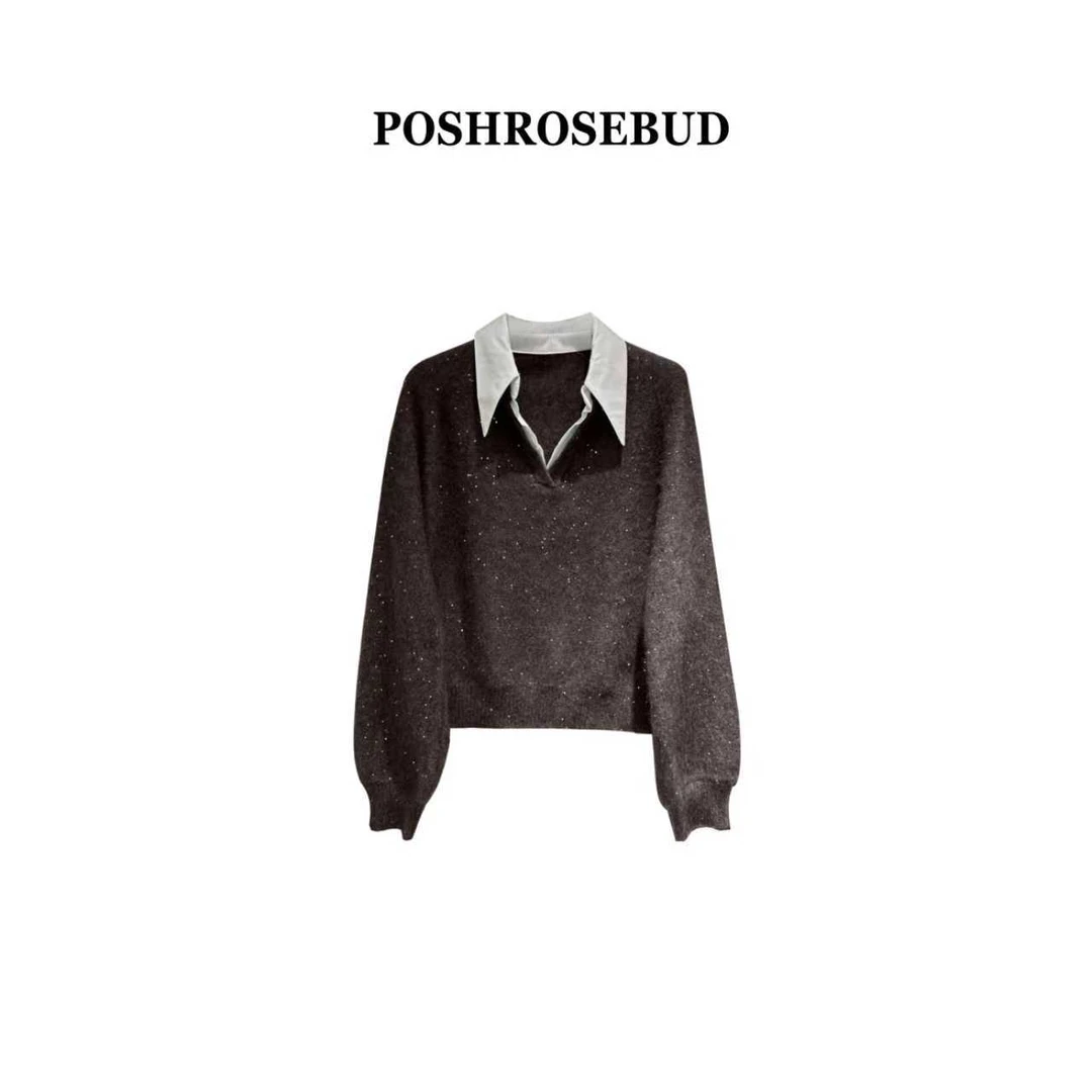 【POSHROSEBUD】衬衣领假两件珠片时尚毛衣针织衫RJ5003