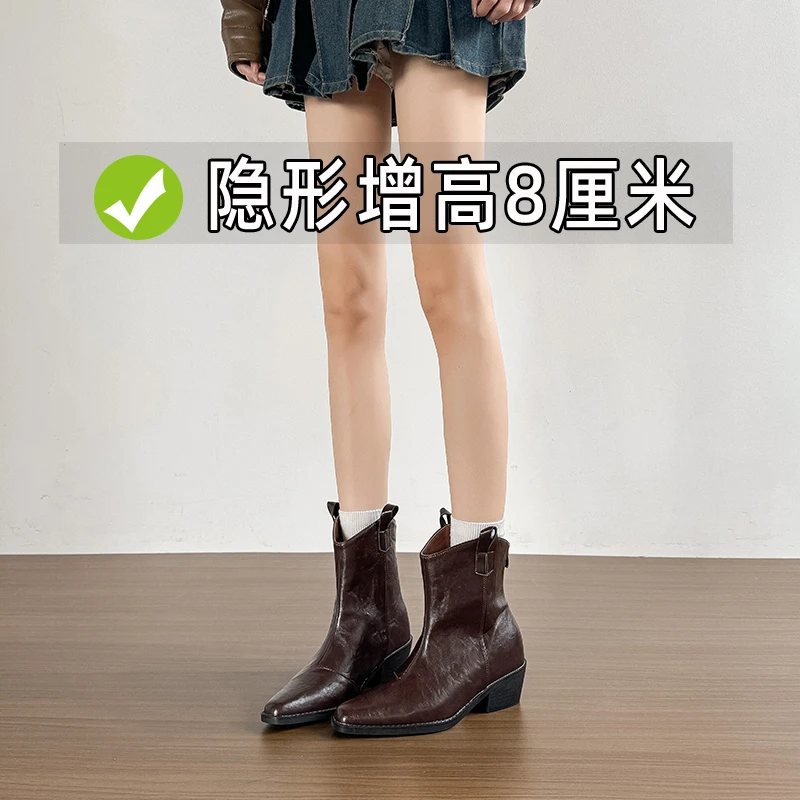 内增高马丁靴女2025新款秋冬尖头棕色复古小个子短筒休闲风百搭