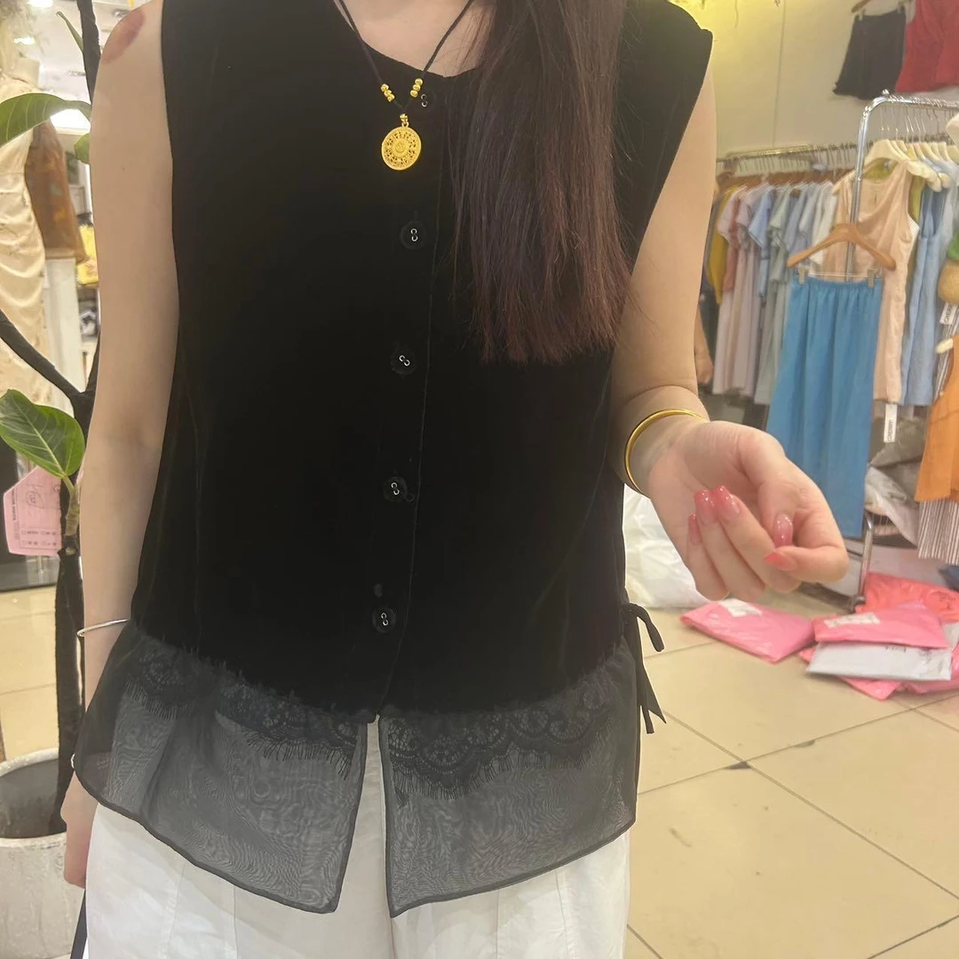 圆领丝绒蕾丝拼接抽绳无袖背心马甲385