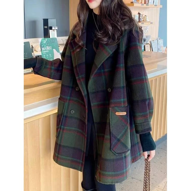 秋冬新款高端时尚轻奢高级感西装格子大衣女百搭双排扣毛呢外套潮