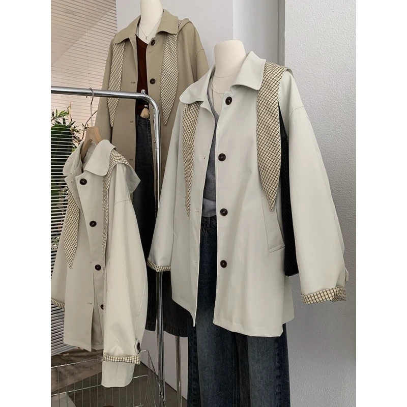 韩系学院风卡其色宽松连帽风衣外套女秋装新款小个子百搭显瘦上衣
