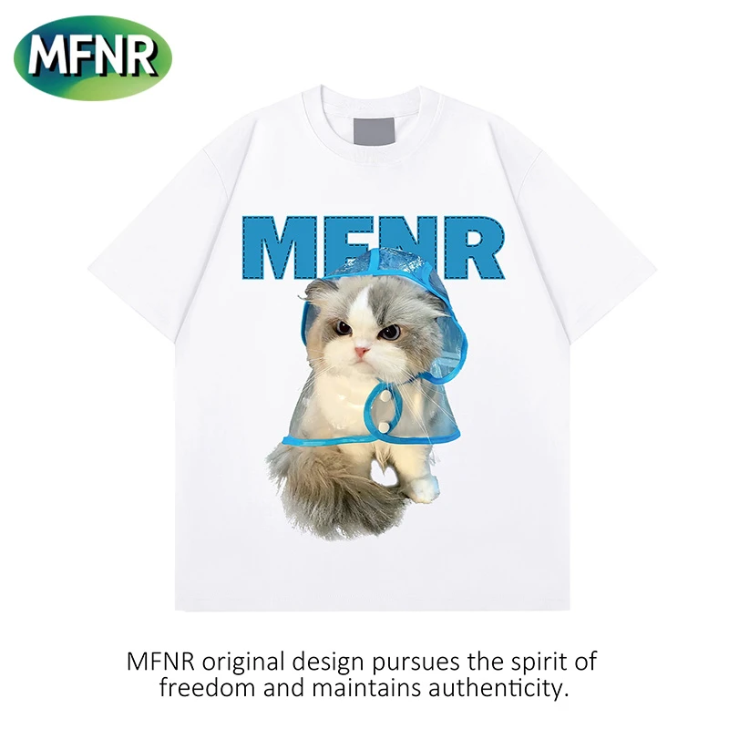 美式小众设计感雨衣猫咪印花短袖T恤男女百搭重磅纯棉情侣ins上衣