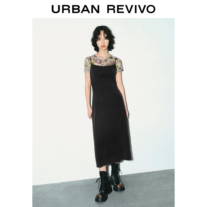 UR2025春季新款女装欧若风时髦后开衩修身吊带连衣裙UYV750023