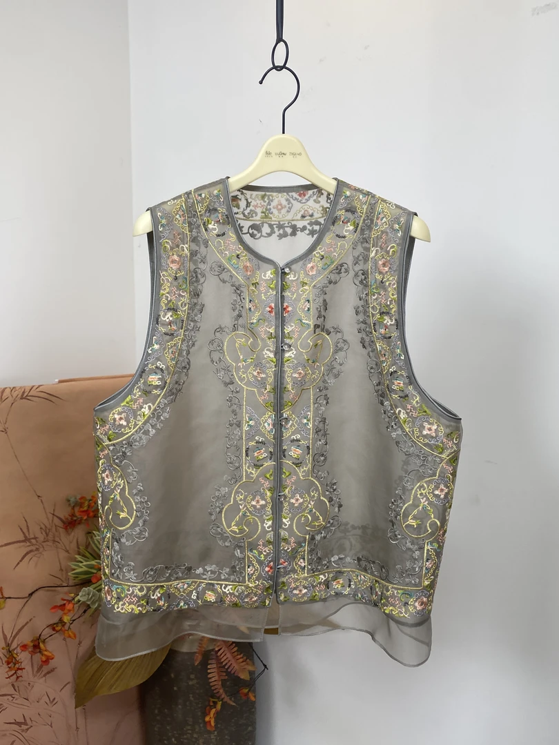 大码桑蚕丝欧根纱绣花真丝马甲【花团双面绣花灰色】