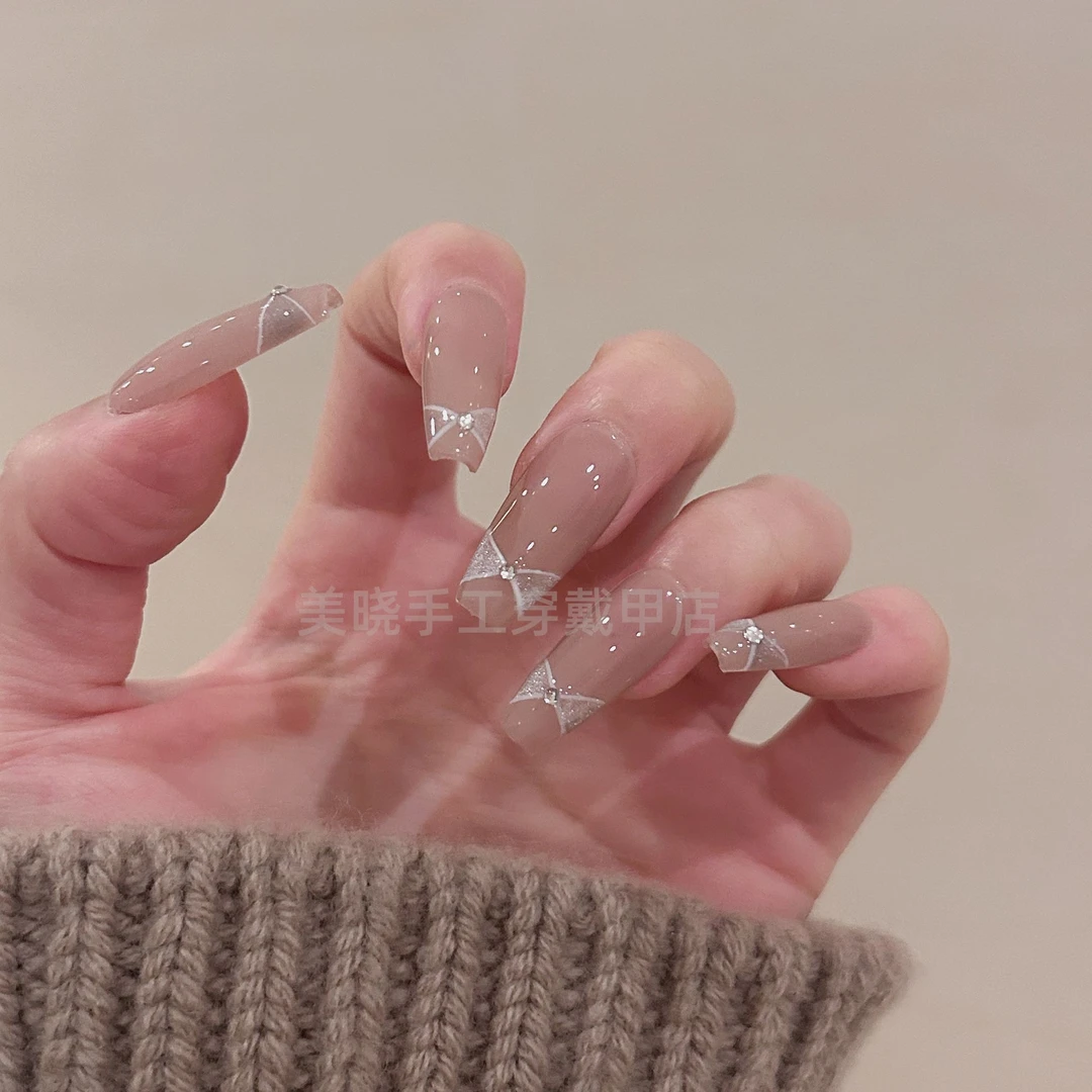 [指尖蝴蝶] 裸色猫眼小钻蝴蝶结手工穿戴甲 018#