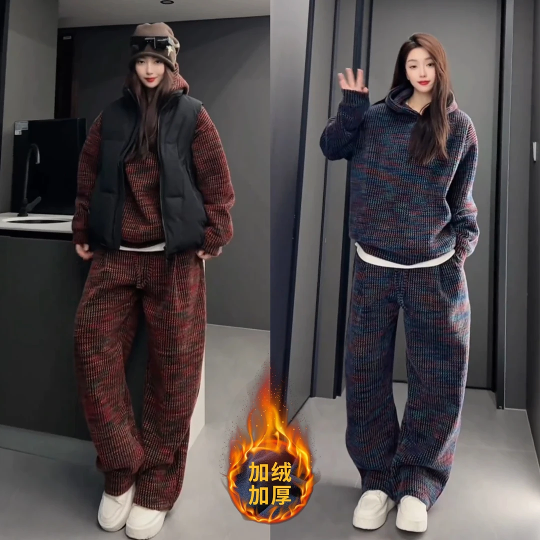 定制情侣款加绒套装免烫抗皱重磅冬季休闲连帽卫衣休闲裤两件套