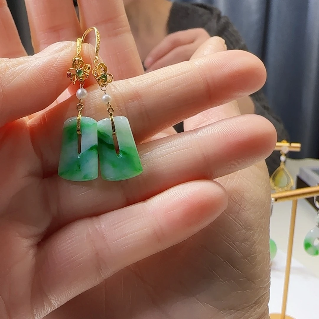翡翠耳饰18K金镶嵌方糖