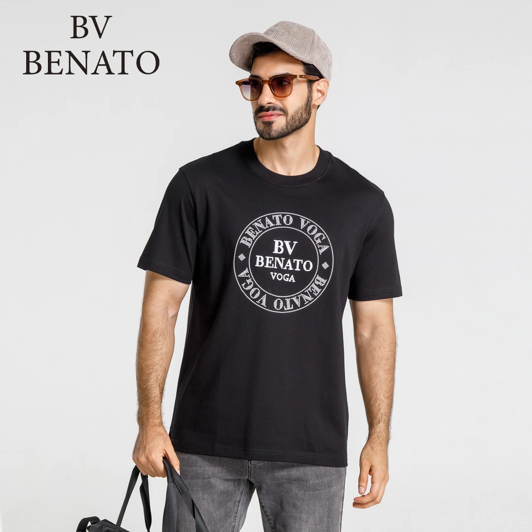 2025夏季男士纯棉简约夏季t恤休闲圆领亮钻刺绣凉感短袖