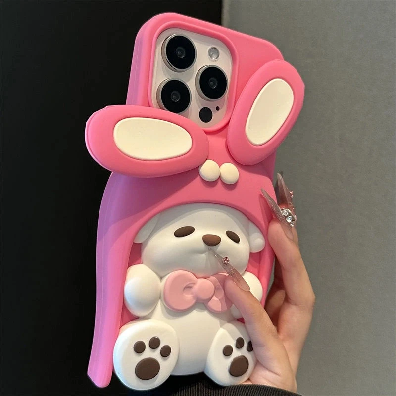 旋转兔耳朵小熊适用苹果15ProMax手机壳iPhone15新款14女13防摔12