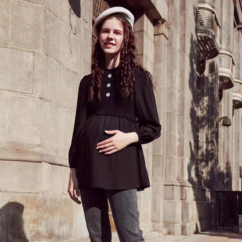 孕妇衬衫春秋2025新款针织拼接仿两件长袖孕妇上衣女孕妇6211542