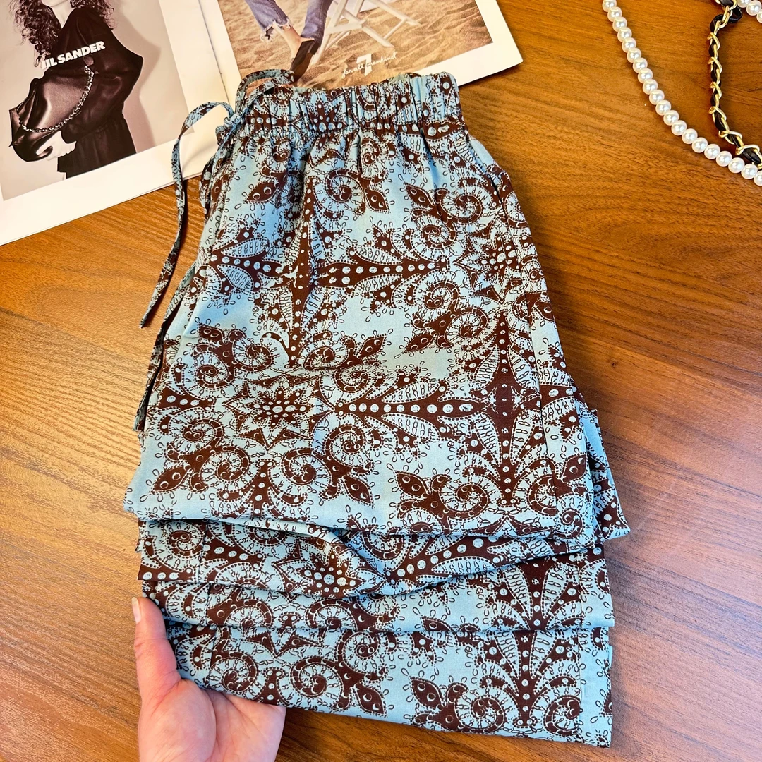 雪纺冰丝印花阔腿裤女2025夏季薄款宽松高腰显瘦直筒拖地凉凉长裤