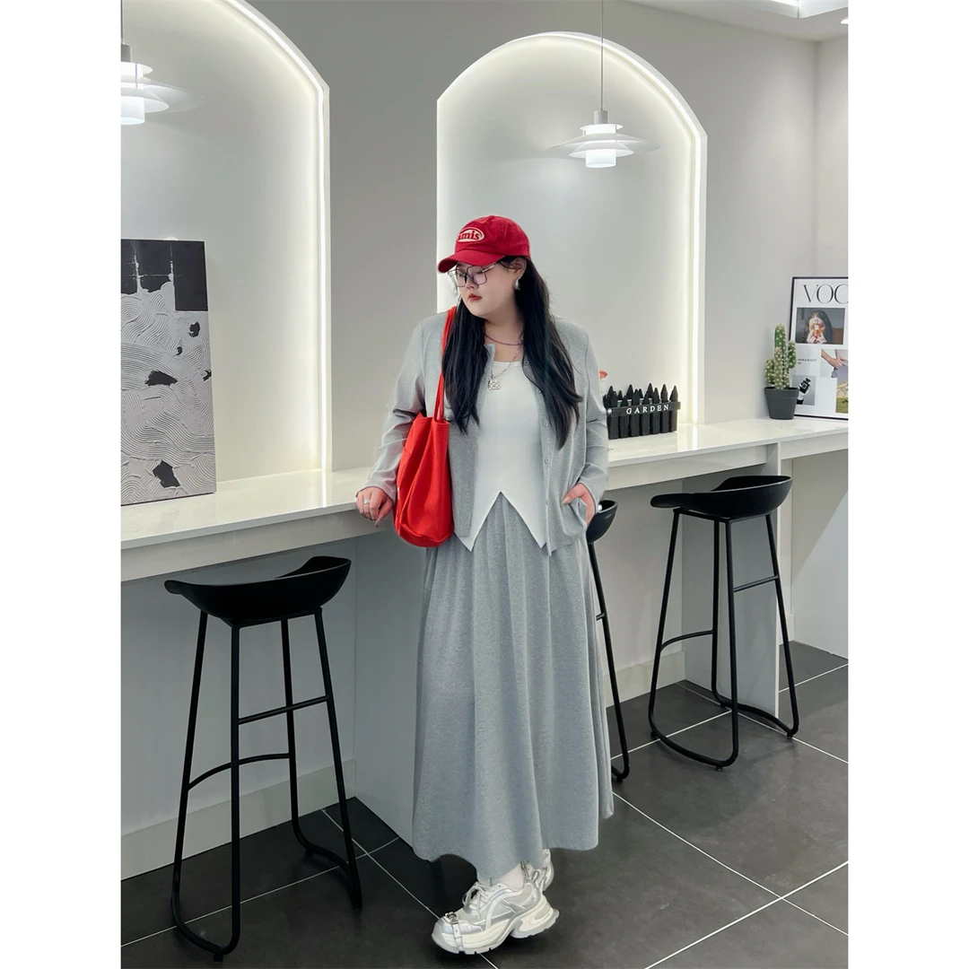 大码女装秋季百搭花契200斤胖mm时尚松弛感针织开衫半裙套装14018