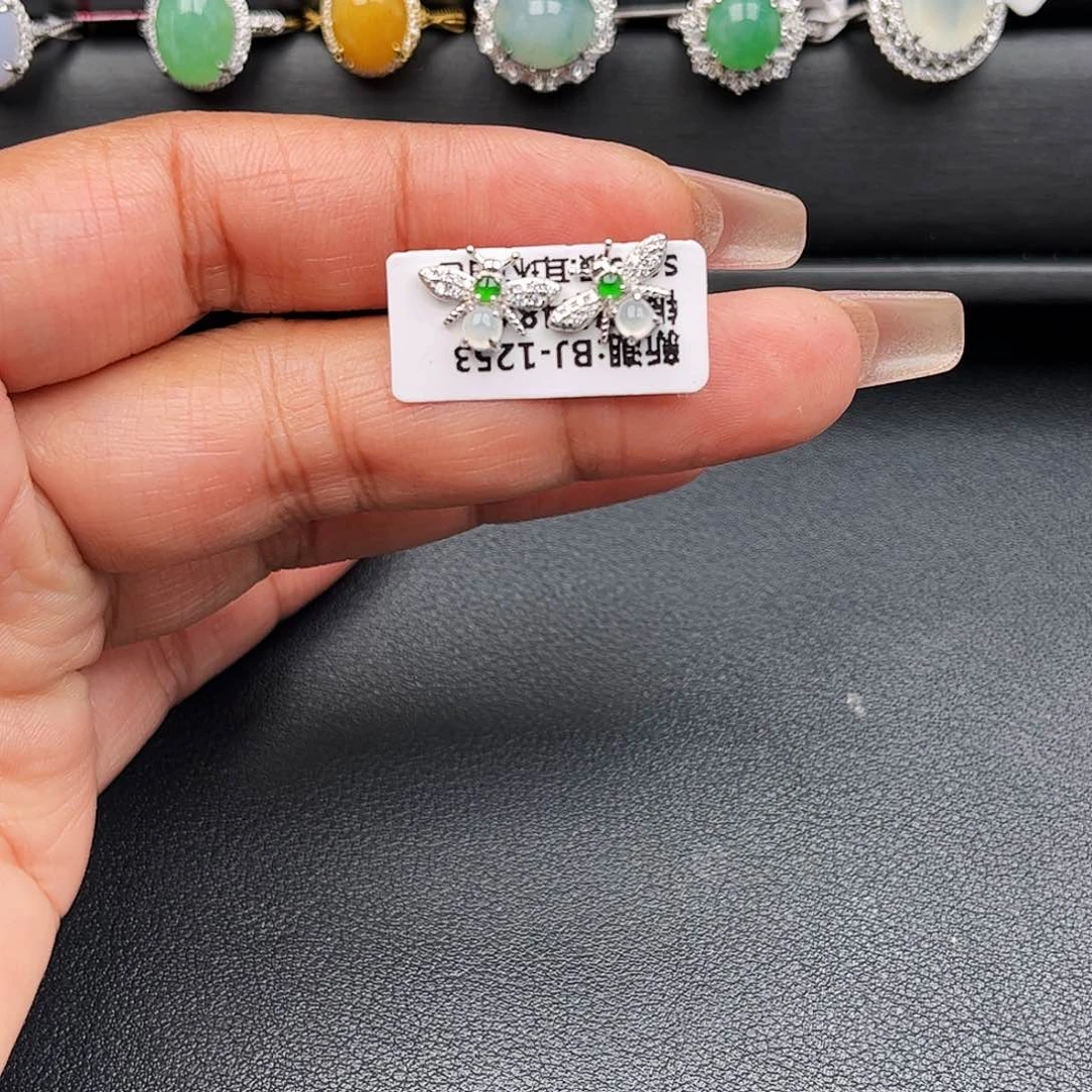 翡翠戒指银S925镶嵌缅甸天然A货翡翠耳钉