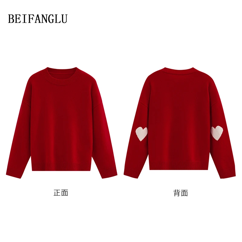 北方鹿【怦然心动红毛衣】绵羊毛2024圆领爱心提花针织羊毛衫W9245