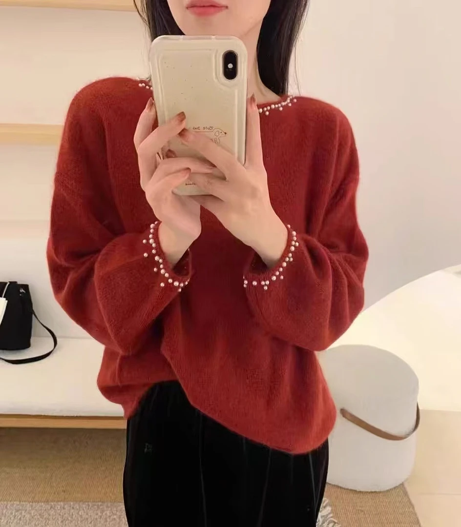 韩系高级设计感重工钉珠针织女秋冬新款时尚洋气软糯气质套头毛衣