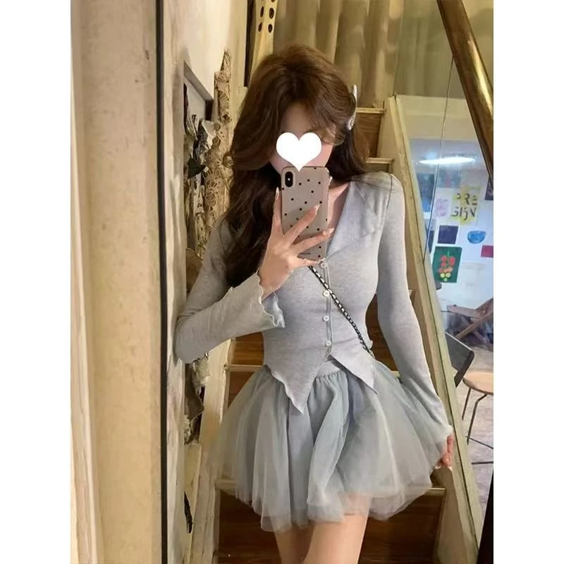 【柔柔】大码纯欲辣妹风木耳边长袖开衫上衣春季新款V领显瘦套装