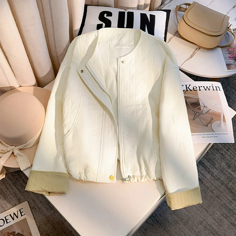 拉夏贝尔短款夹克外套女2025春秋季新款韩版撞色纹理百搭休闲上衣