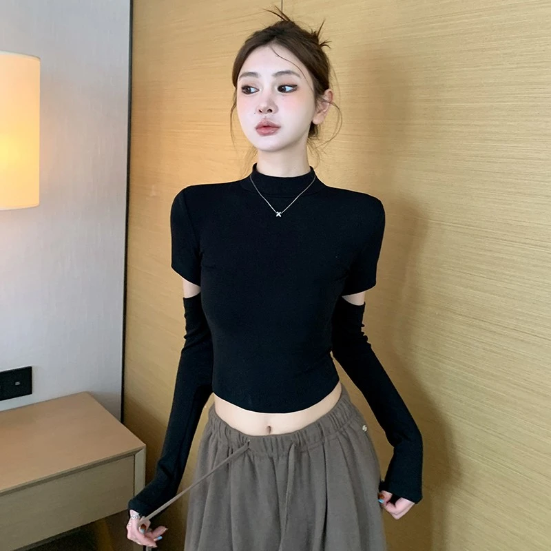 黑色半高领打底衫女内搭2025新款秋季修身短款长袖设计感镂空上衣