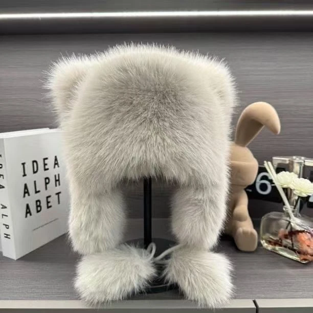 新款小浣熊帽子仿真狐狸毛毛保暖可爱洋气护耳男女亲子款帽子
