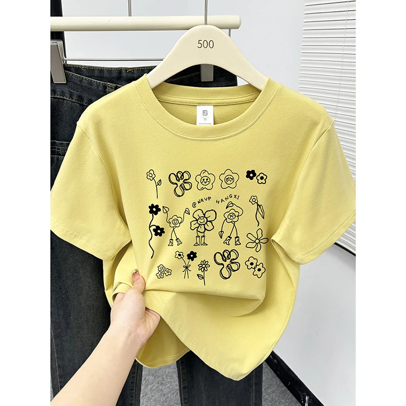 姜黄色花朵印花正肩圆领短袖女t恤夏季休闲百搭大码半袖上衣体恤