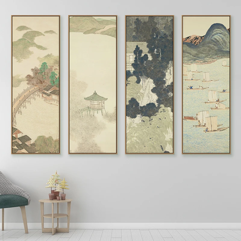 《近江八景》近江八景日式新中式装饰画竖幅客厅玄关茶室山水壁画