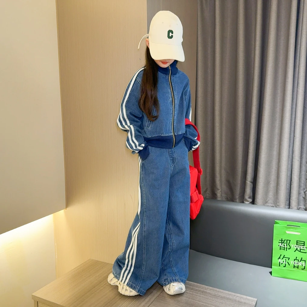 女童牛仔套装春秋装2025新款中大童洋气潮酷复古夹克牛仔裤两件套